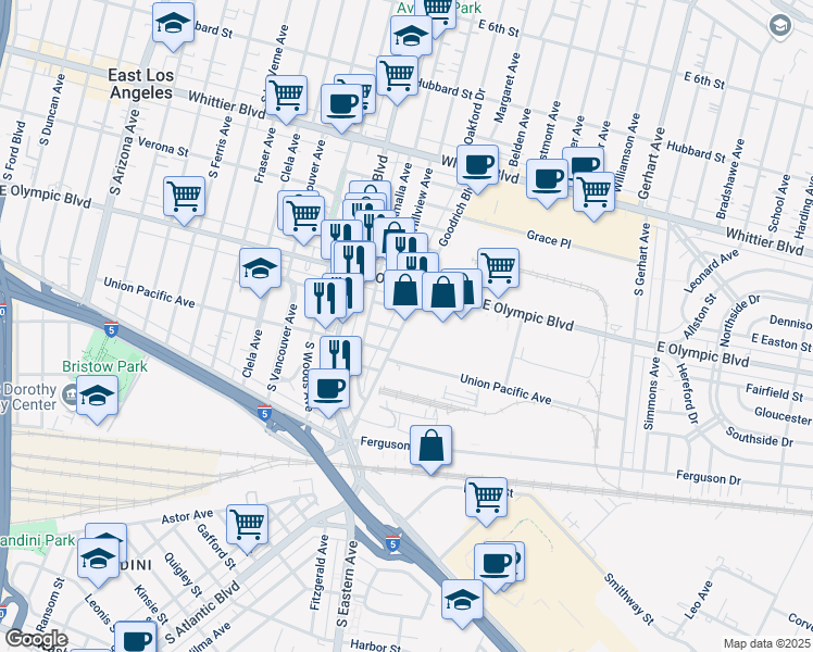 map of restaurants, bars, coffee shops, grocery stores, and more near 1270 Goodrich Boulevard in Commerce