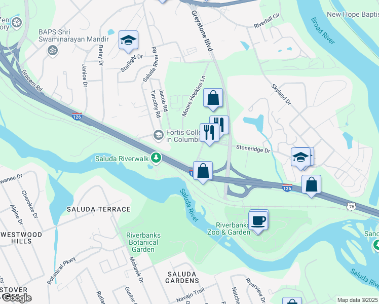 map of restaurants, bars, coffee shops, grocery stores, and more near 220 Stoneridge Drive in Columbia