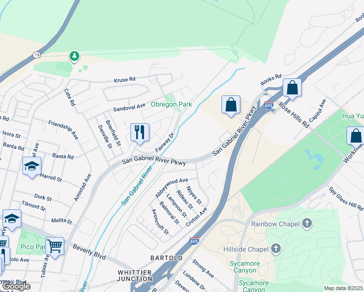 map of restaurants, bars, coffee shops, grocery stores, and more near San Gabriel River Parkway in Pico Rivera