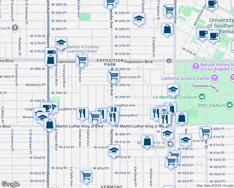 map of restaurants, bars, coffee shops, grocery stores, and more near 1256 West 39th Place in Los Angeles