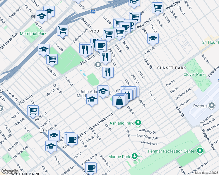 map of restaurants, bars, coffee shops, grocery stores, and more near 2320 17th Street in Santa Monica