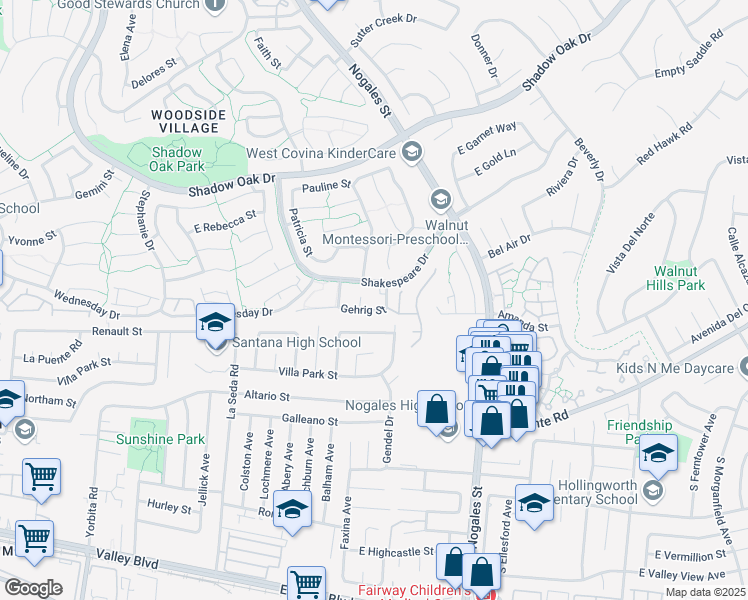 map of restaurants, bars, coffee shops, grocery stores, and more near 2455 Gehrig Street in West Covina