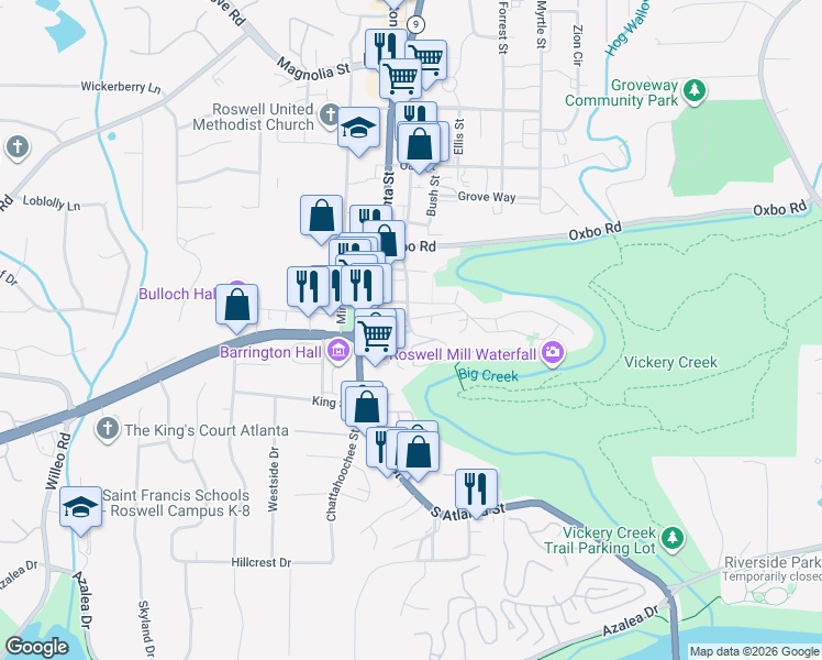 map of restaurants, bars, coffee shops, grocery stores, and more near 85 Mill Street in Roswell