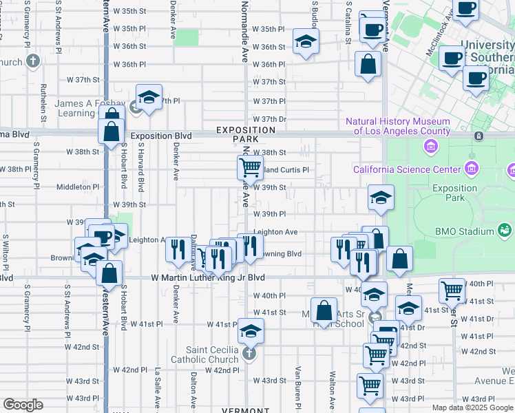 map of restaurants, bars, coffee shops, grocery stores, and more near 1256 West 39th Place in Los Angeles
