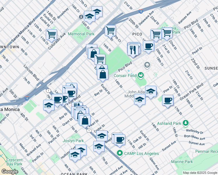 map of restaurants, bars, coffee shops, grocery stores, and more near 2041 Euclid Street in Santa Monica