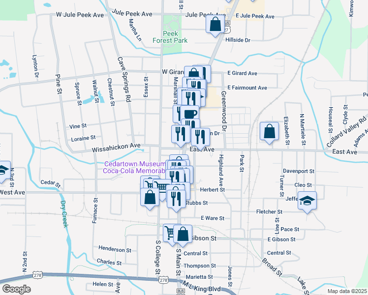 map of restaurants, bars, coffee shops, grocery stores, and more near 0 Mountain Home Road in Cedartown
