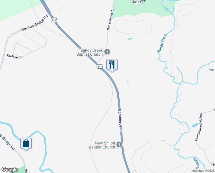map of restaurants, bars, coffee shops, grocery stores, and more near 2505 Commerce Road in Athens