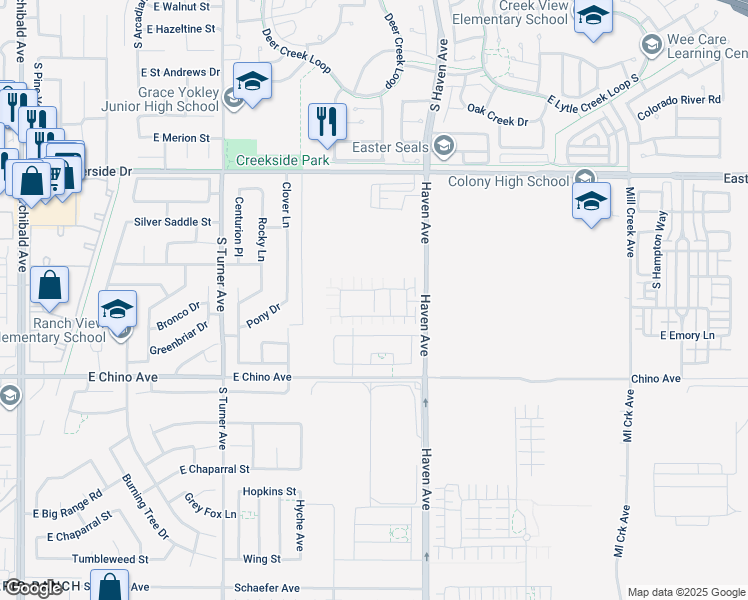 map of restaurants, bars, coffee shops, grocery stores, and more near 3252 S Agate Paseo in Ontario