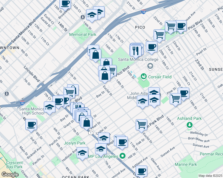 map of restaurants, bars, coffee shops, grocery stores, and more near 2041 Euclid Street in Santa Monica