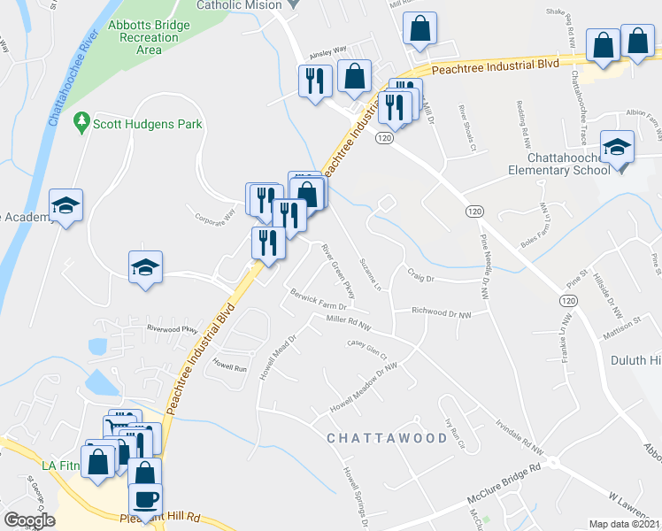 map of restaurants, bars, coffee shops, grocery stores, and more near 4050 River Green Parkway in Duluth