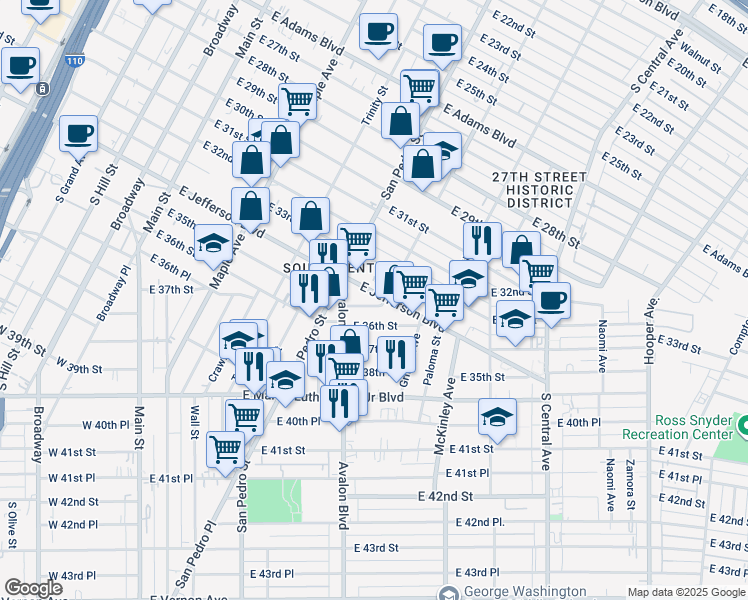 map of restaurants, bars, coffee shops, grocery stores, and more near 614 East 35th Street in Los Angeles