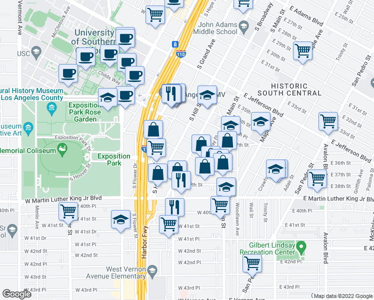 map of restaurants, bars, coffee shops, grocery stores, and more near 225 West 38th Street in Los Angeles