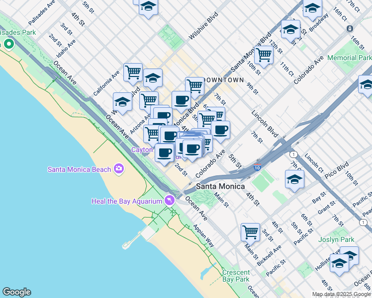 map of restaurants, bars, coffee shops, grocery stores, and more near 395 Santa Monica Place in Santa Monica