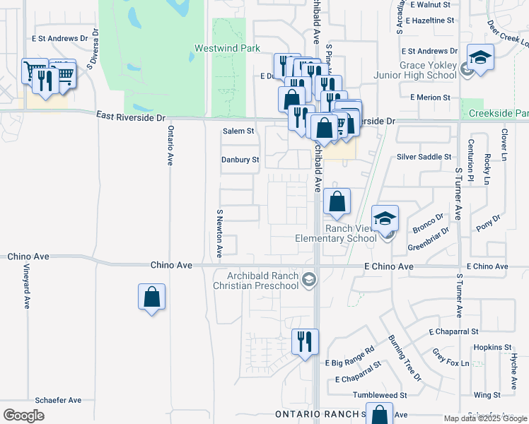 map of restaurants, bars, coffee shops, grocery stores, and more near 3254 Silo Paseo in Ontario