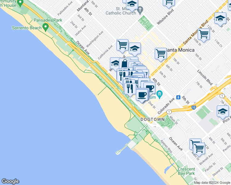 map of restaurants, bars, coffee shops, grocery stores, and more near 1307 Palisades Beach Road in Santa Monica
