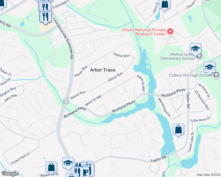 map of restaurants, bars, coffee shops, grocery stores, and more near 381 Shore Drive Northwest in Suwanee