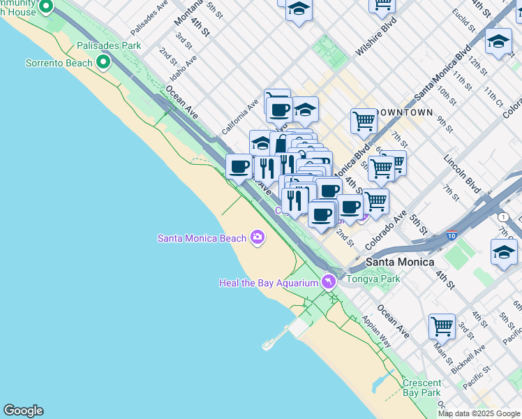 map of restaurants, bars, coffee shops, grocery stores, and more near 1307 Palisades Beach Road in Santa Monica