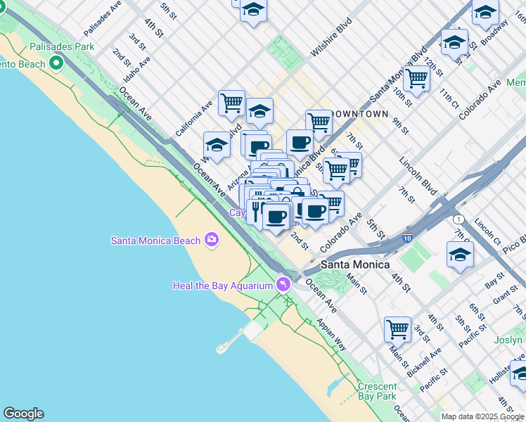 map of restaurants, bars, coffee shops, grocery stores, and more near 1428 2nd Street in Santa Monica