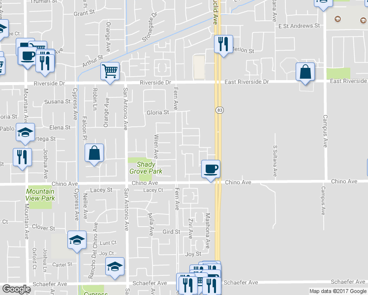 map of restaurants, bars, coffee shops, grocery stores, and more near 13192 Murano Avenue in Chino