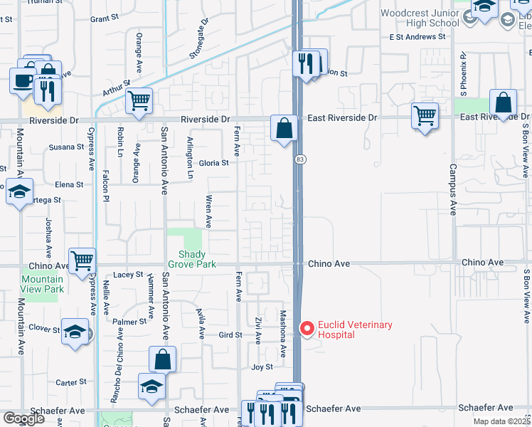 map of restaurants, bars, coffee shops, grocery stores, and more near 6975 Montego Street in Chino