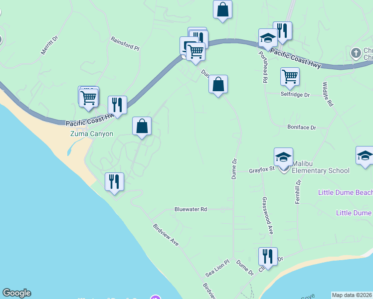 map of restaurants, bars, coffee shops, grocery stores, and more near 6731 Wandermere Road in Malibu