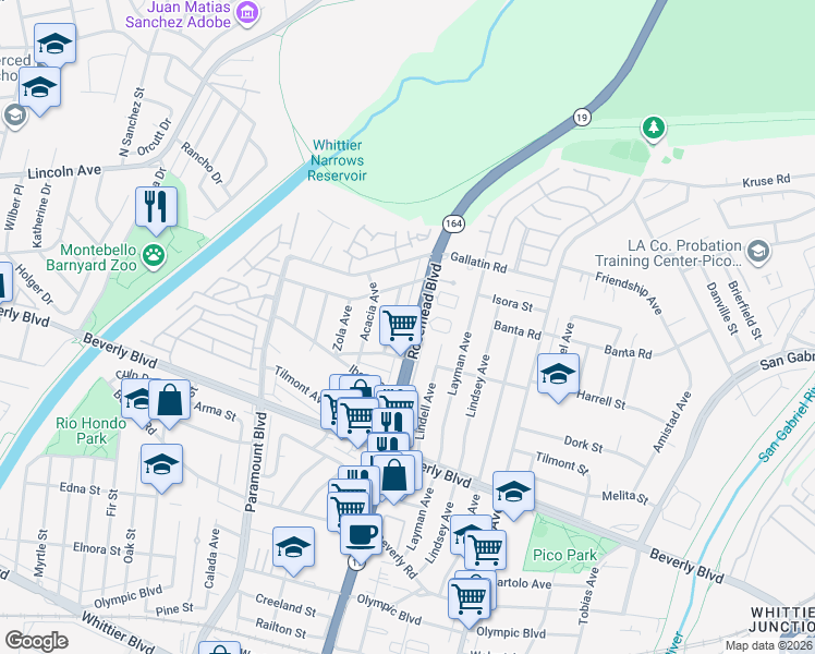 map of restaurants, bars, coffee shops, grocery stores, and more near 4115 Rosemead Boulevard in Pico Rivera