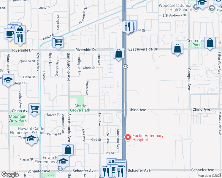 map of restaurants, bars, coffee shops, grocery stores, and more near 6975 Montego Street in Chino