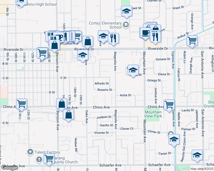 map of restaurants, bars, coffee shops, grocery stores, and more near 6041 Alfredo Street in Chino