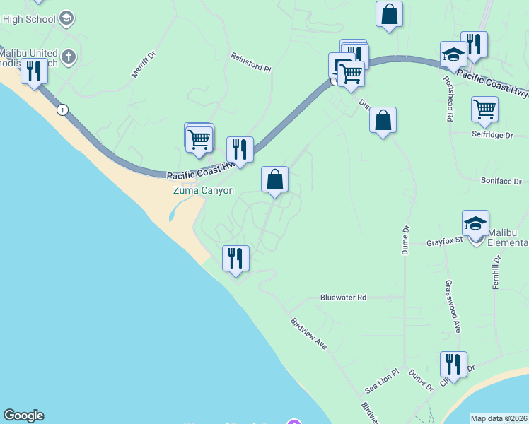 map of restaurants, bars, coffee shops, grocery stores, and more near in Malibu