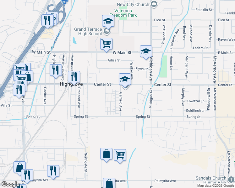 map of restaurants, bars, coffee shops, grocery stores, and more near 7222 Olive Grove Street in Riverside