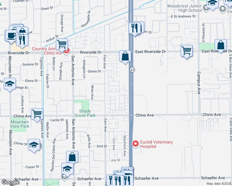 map of restaurants, bars, coffee shops, grocery stores, and more near 13188 Stellar Avenue in Chino