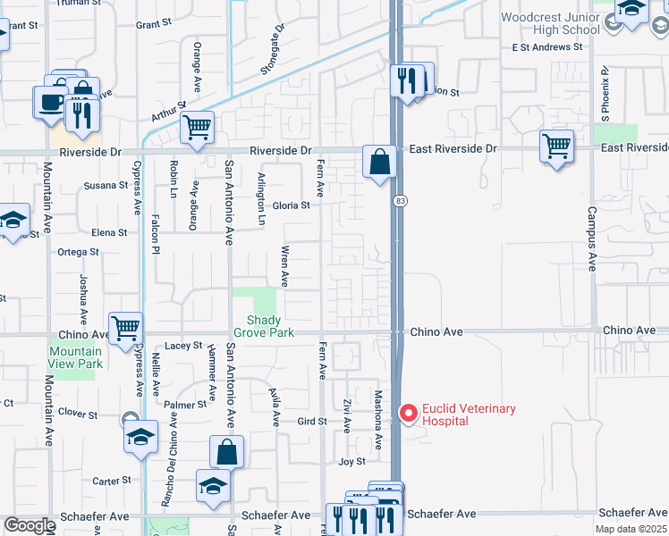 map of restaurants, bars, coffee shops, grocery stores, and more near 13192 Murano Avenue in Chino
