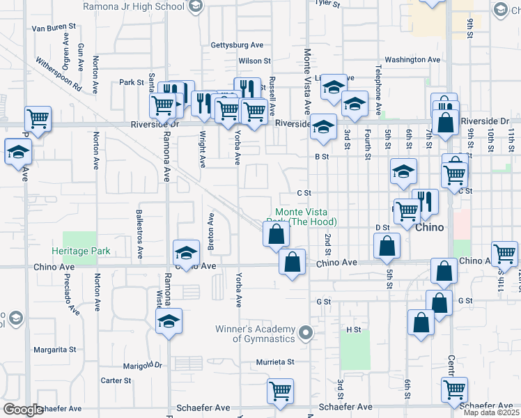 map of restaurants, bars, coffee shops, grocery stores, and more near 13151 Yorba Avenue in Chino