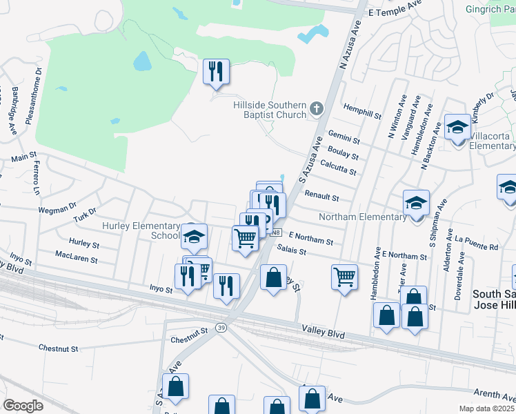 map of restaurants, bars, coffee shops, grocery stores, and more near 17351 Main Street in La Puente