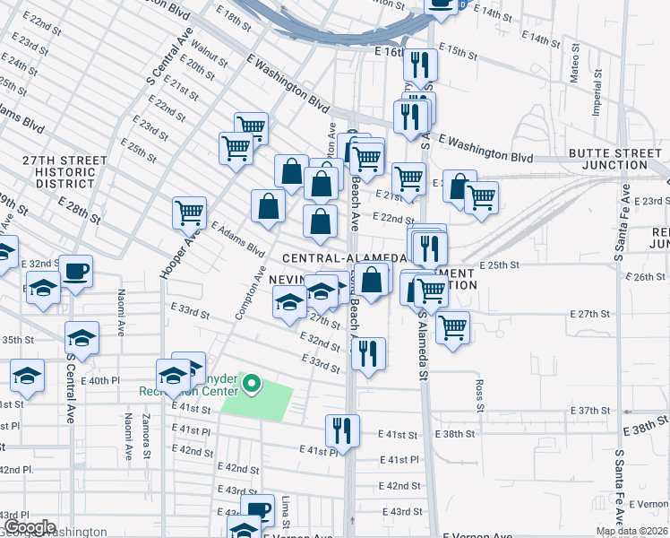 map of restaurants, bars, coffee shops, grocery stores, and more near 2521 Long Beach Ave W in Los Angeles