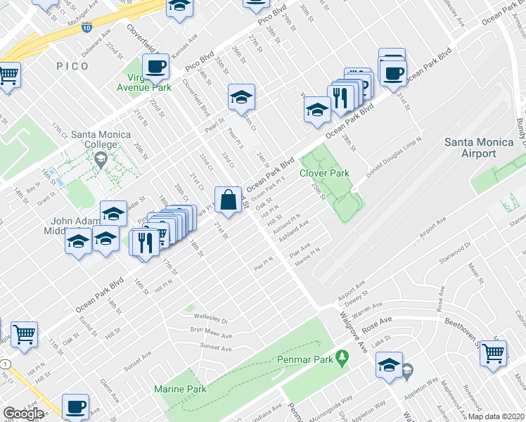 map of restaurants, bars, coffee shops, grocery stores, and more near 2224 Hill Place North in Santa Monica