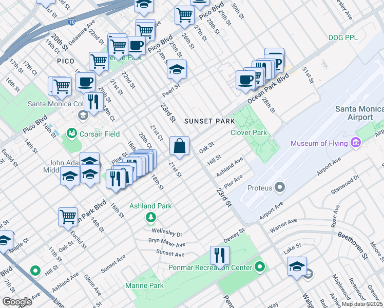 map of restaurants, bars, coffee shops, grocery stores, and more near 2224 Hill Place North in Santa Monica