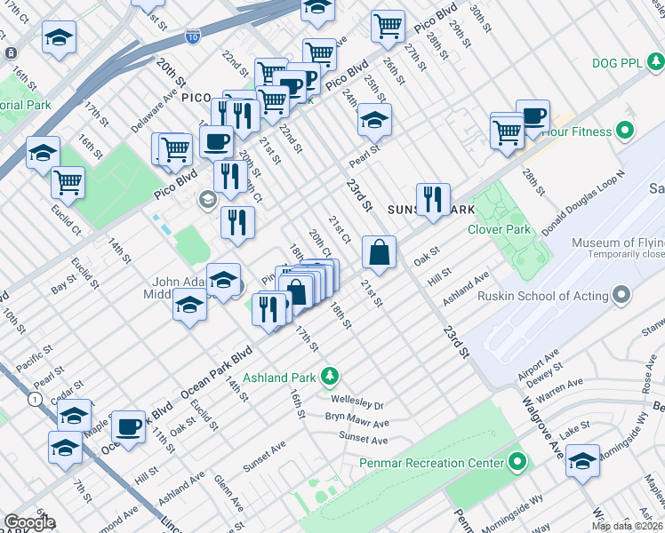 map of restaurants, bars, coffee shops, grocery stores, and more near 2516 18th Court in Santa Monica