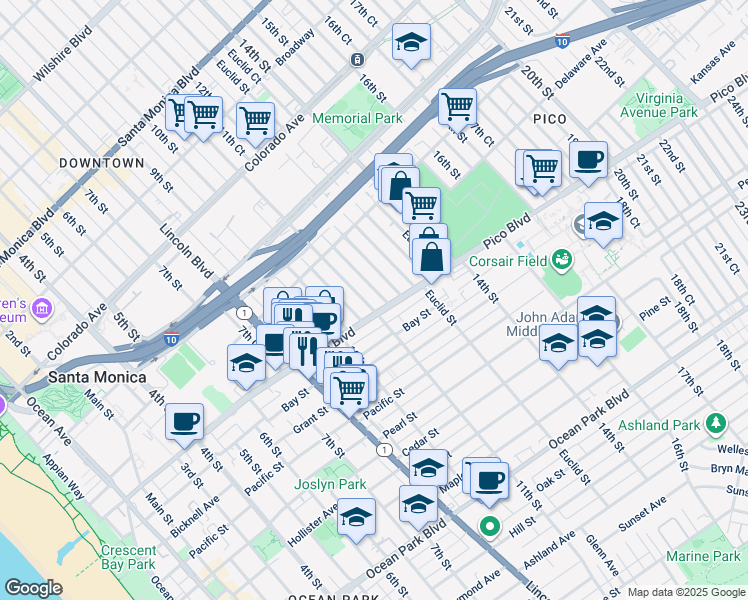 map of restaurants, bars, coffee shops, grocery stores, and more near 1102 Pico Place South in Santa Monica