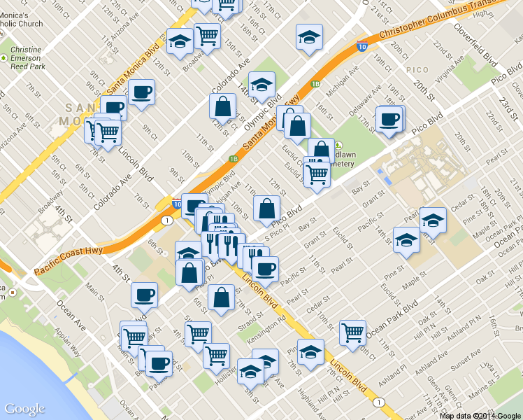 map of restaurants, bars, coffee shops, grocery stores, and more near 1013 Pico Boulevard in Santa Monica