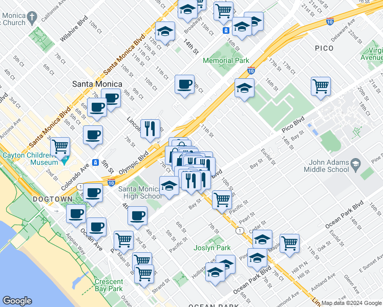 map of restaurants, bars, coffee shops, grocery stores, and more near 1820 9th Street in Santa Monica