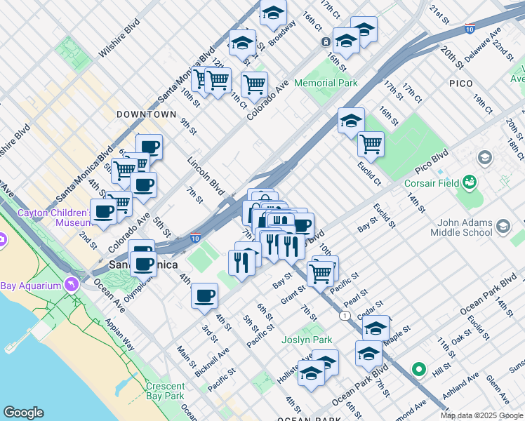 map of restaurants, bars, coffee shops, grocery stores, and more near 1756 Lincoln Boulevard in Santa Monica