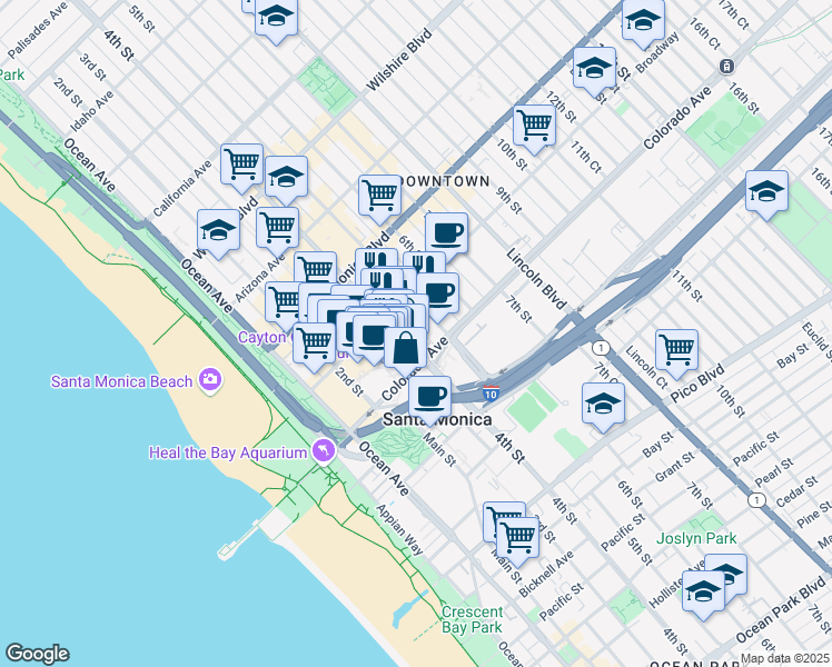 map of restaurants, bars, coffee shops, grocery stores, and more near in Santa Monica