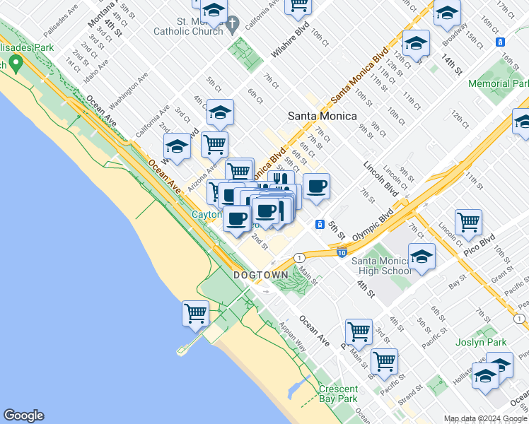 map of restaurants, bars, coffee shops, grocery stores, and more near 395 Santa Monica Place in Santa Monica