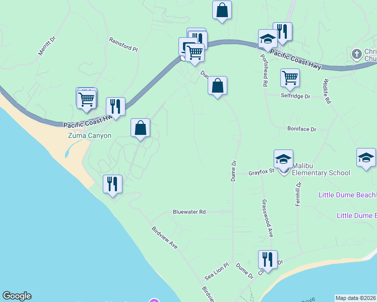 map of restaurants, bars, coffee shops, grocery stores, and more near 6711 Wandermere Road in Malibu