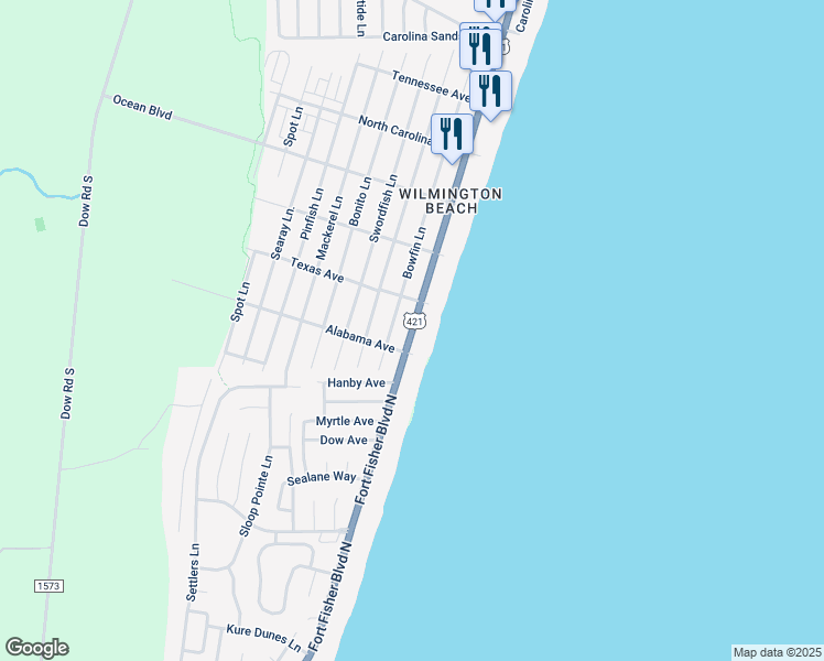map of restaurants, bars, coffee shops, grocery stores, and more near 1615 South Lake Park Boulevard in Carolina Beach