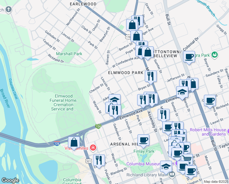map of restaurants, bars, coffee shops, grocery stores, and more near 2222 Lincoln Street in Columbia