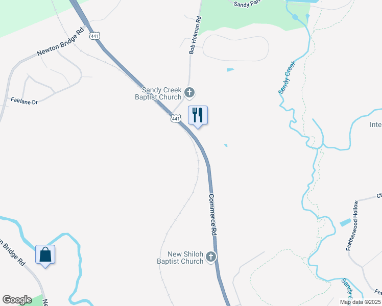 map of restaurants, bars, coffee shops, grocery stores, and more near 2505 Commerce Road in Athens