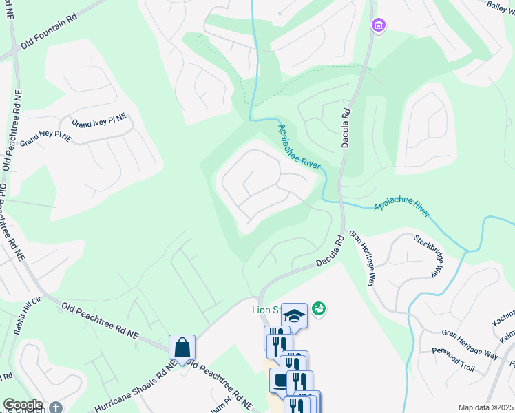 map of restaurants, bars, coffee shops, grocery stores, and more near 2602 White Aster Lane in Dacula