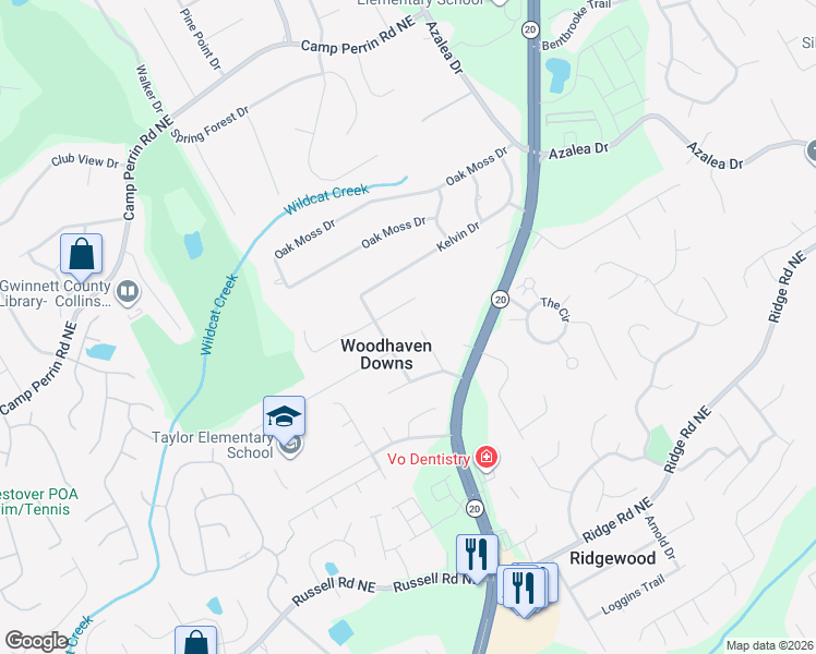 map of restaurants, bars, coffee shops, grocery stores, and more near 1776 Woodhaven Terrace in Lawrenceville